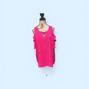 Umgee Hot Pink Cold Shoulder Top Size L Flutter Sleeve Lattice V-Neck